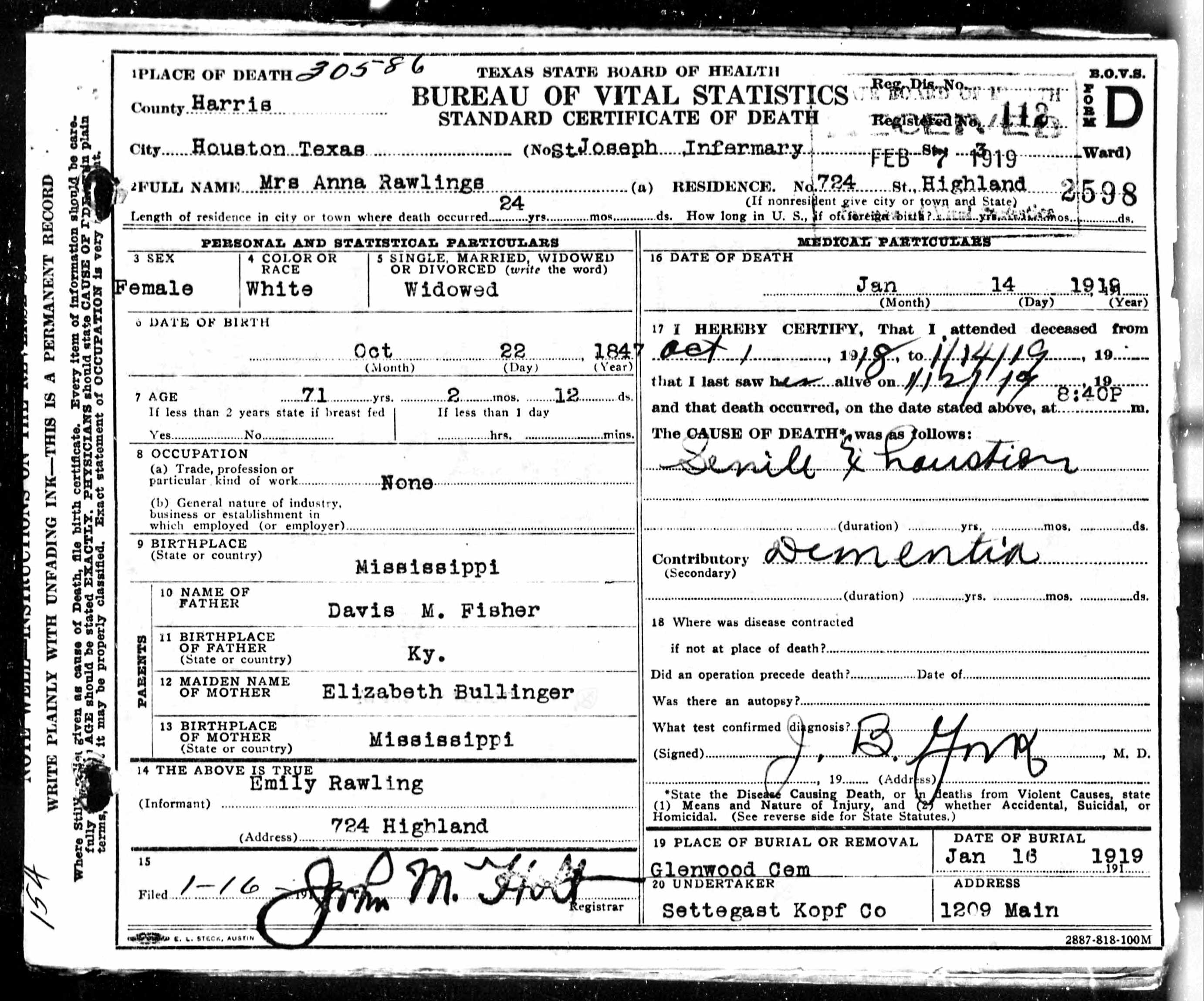 Anna Fisher Rawlings Death Certificate, 1919
