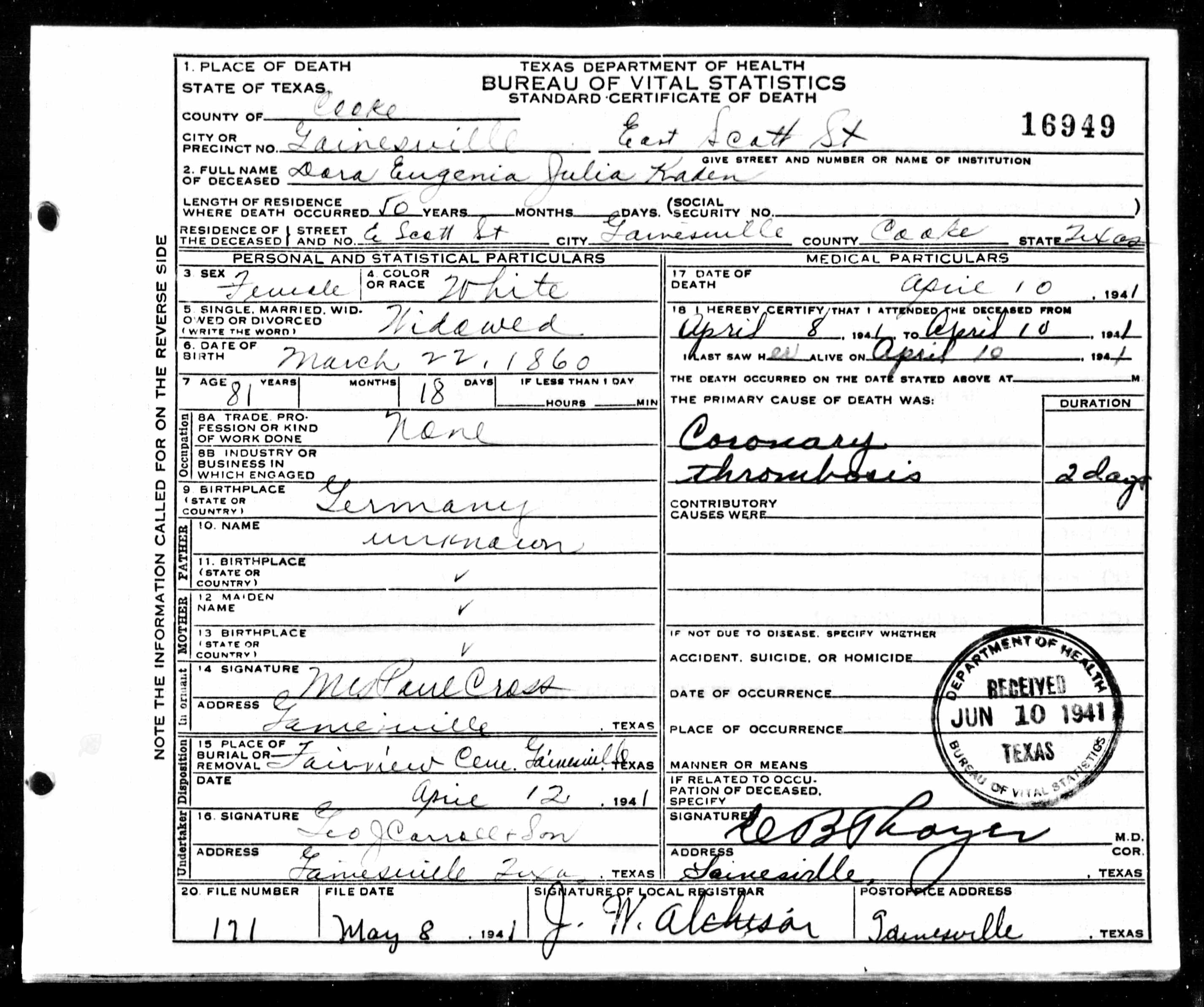 Death Certificate, Dora Eugenia Julia Kaden