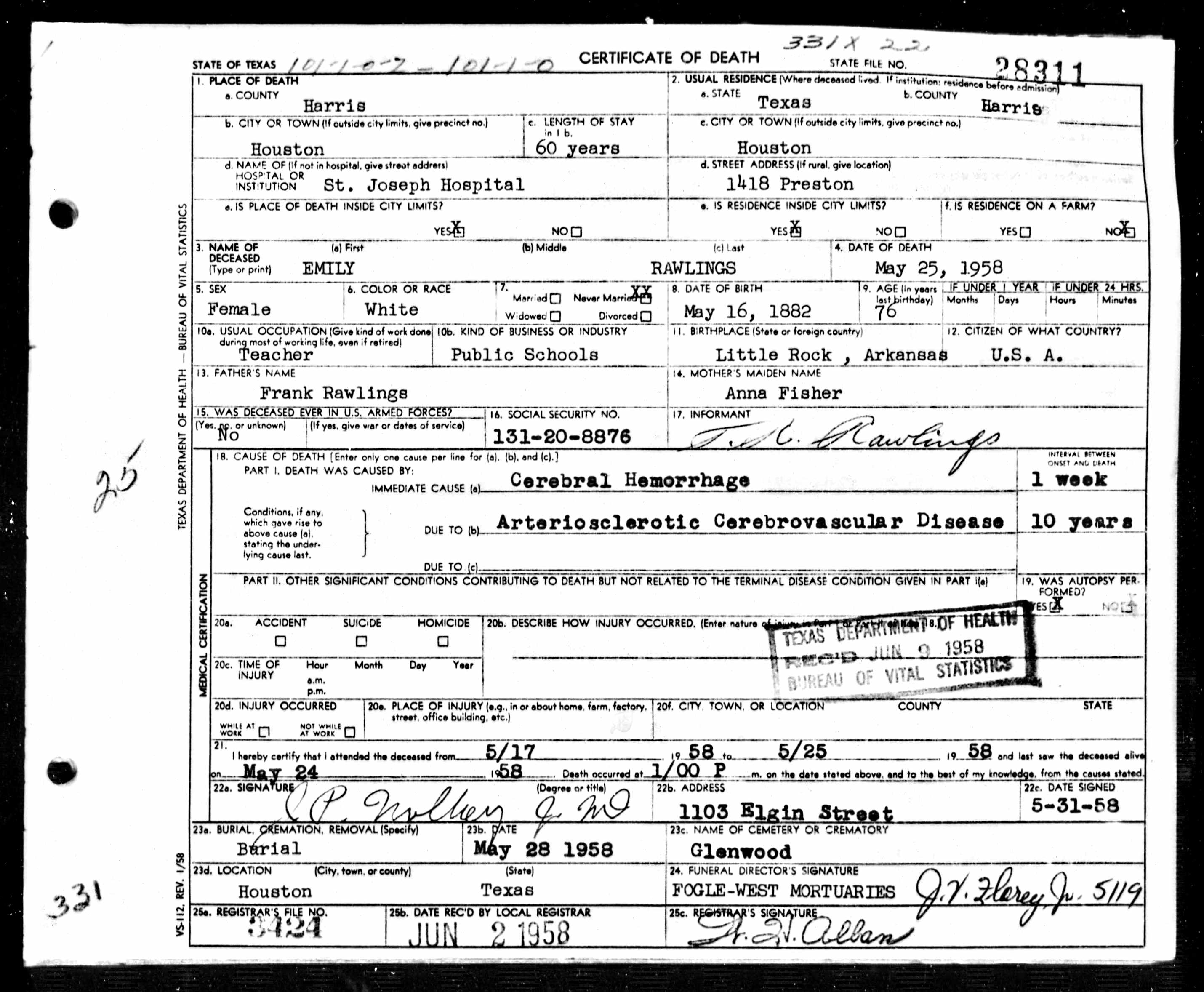 Emily Rawlings Death Certificate