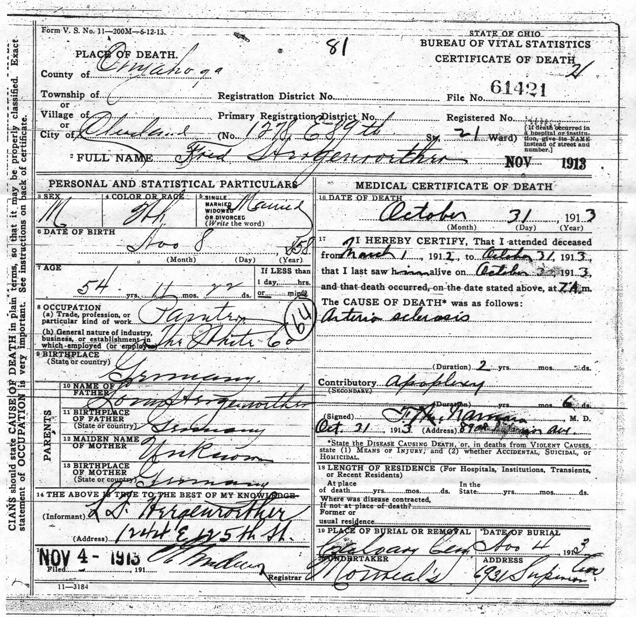 Fred Hergenrother's Death Certificate