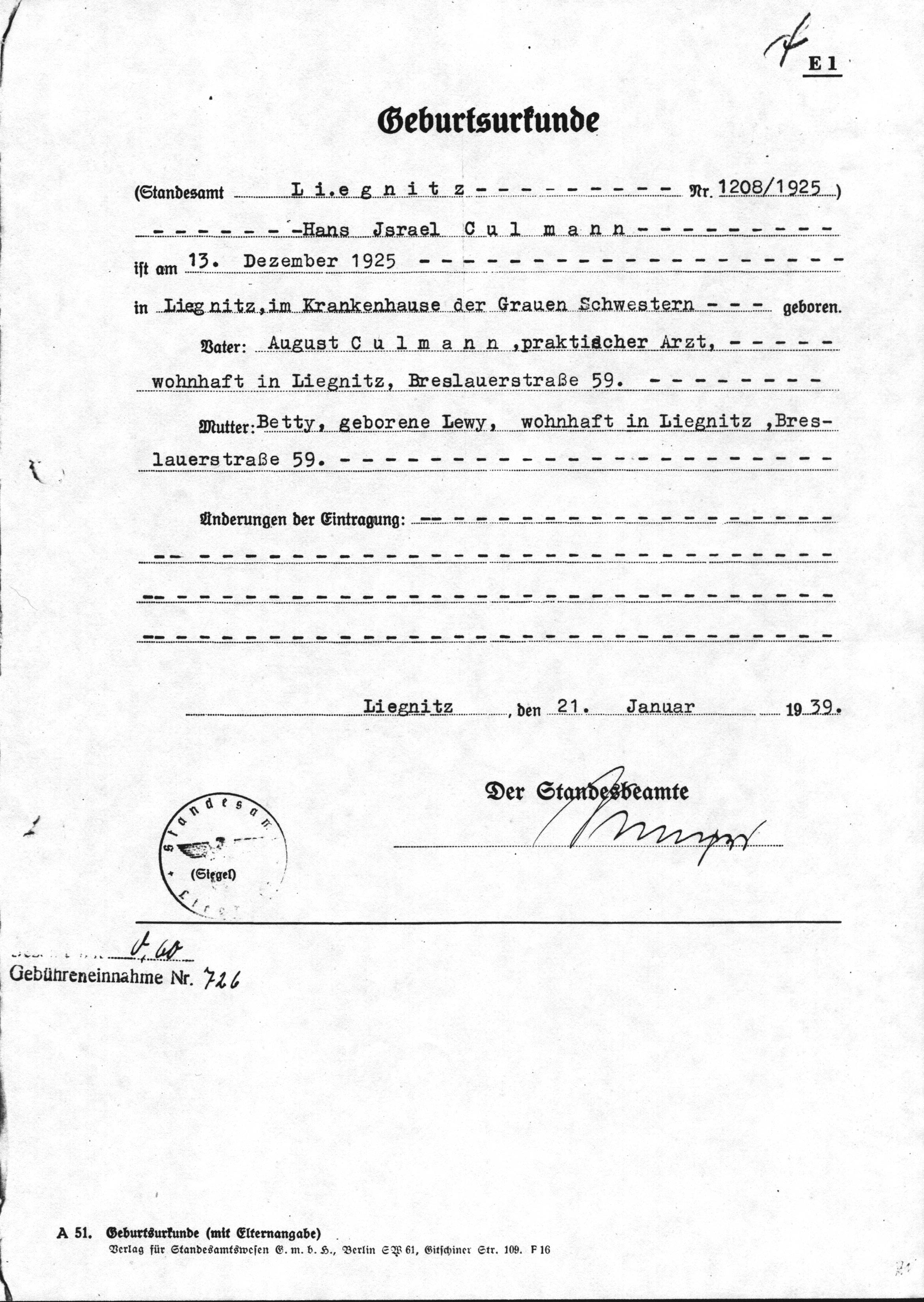 Birth Certificate (Certified copy, 1938)
