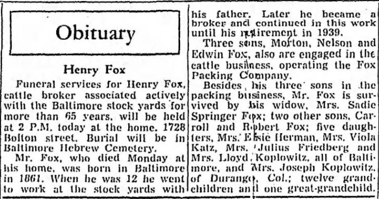 Obituary, Baltimore Sun, 16May1945
