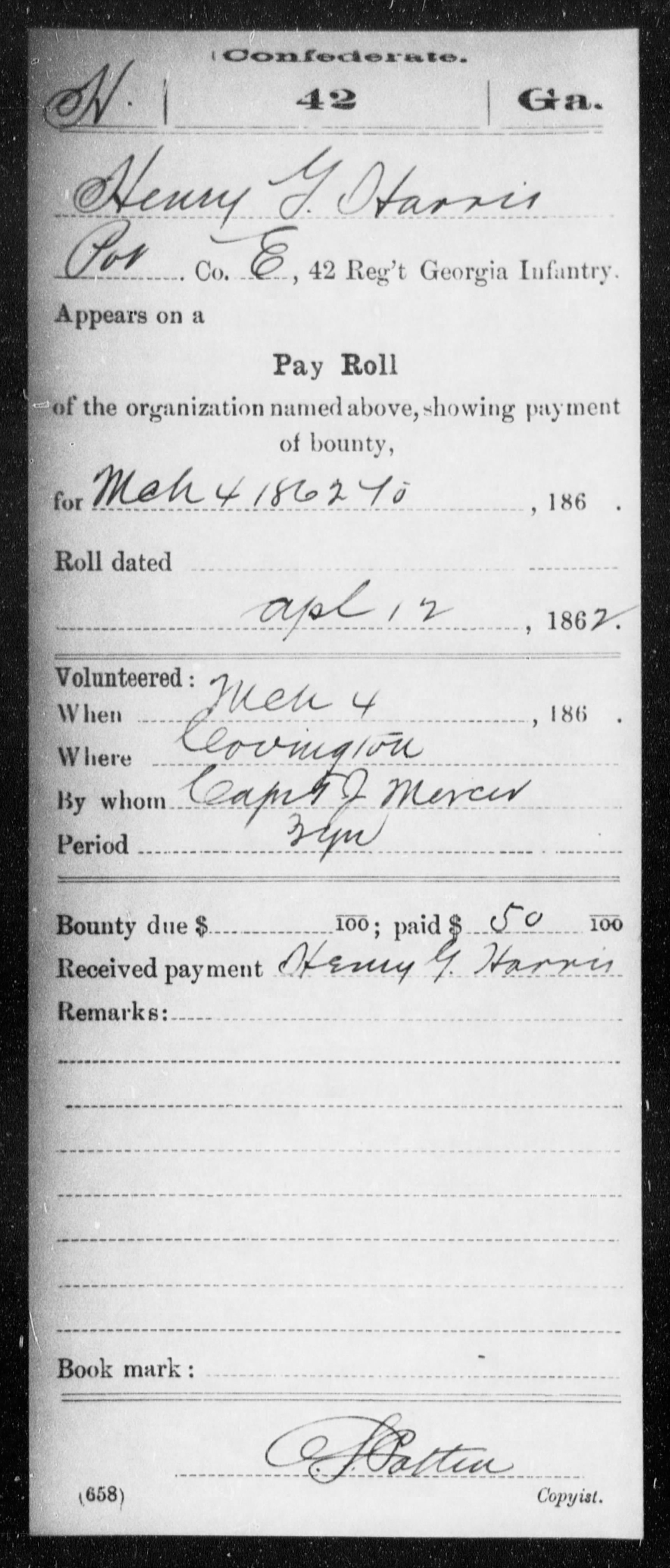 Confederate Bounty Payment Record
