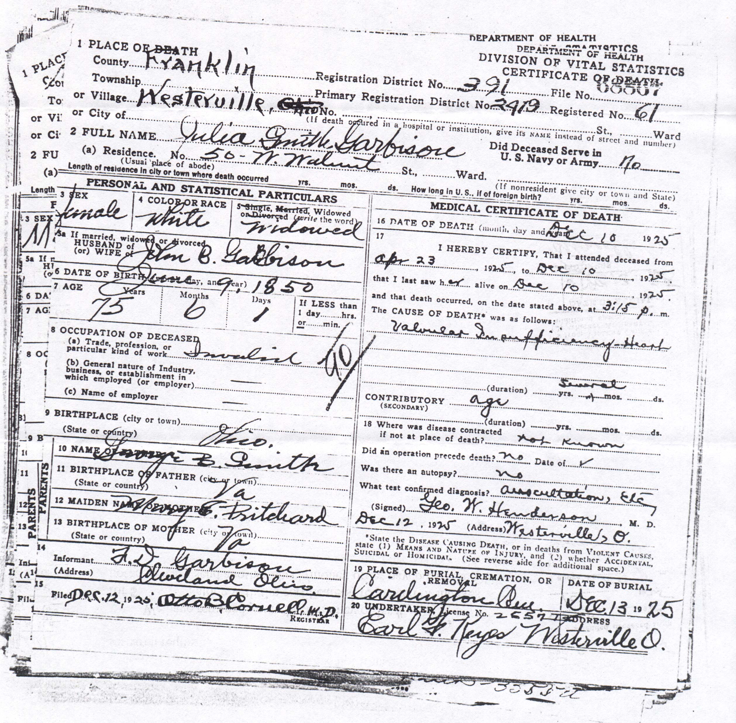 Julia Garbison Death Certificate