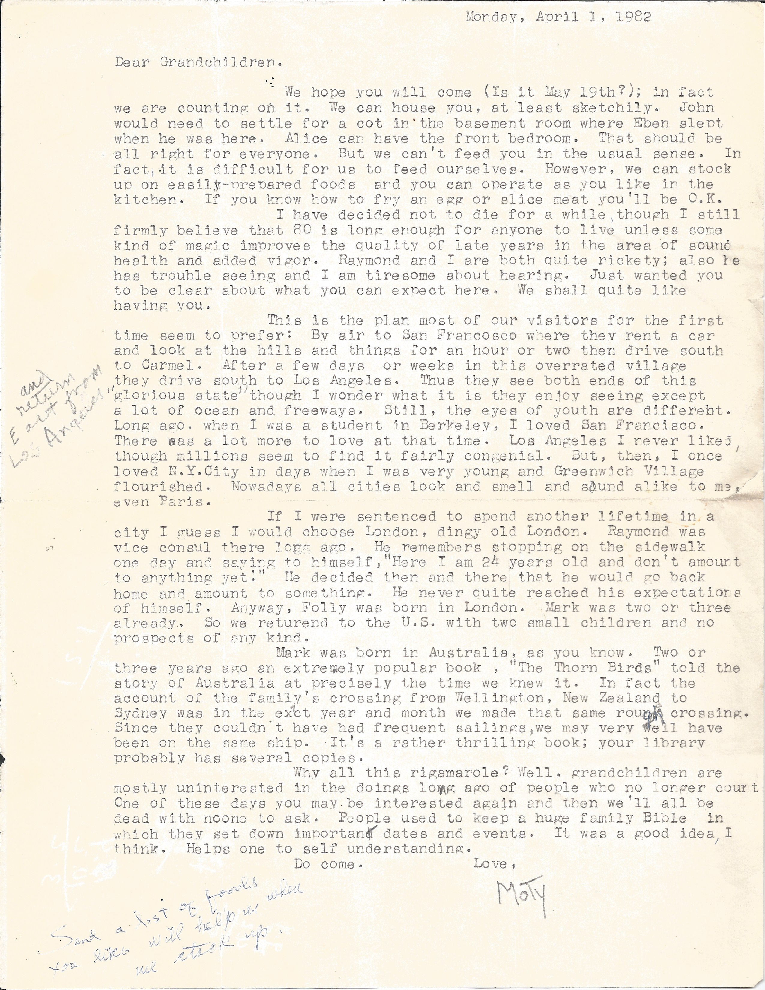 Letter from Motier Fisher to grandshildren Alice and John Fisher, April 1, 1982 