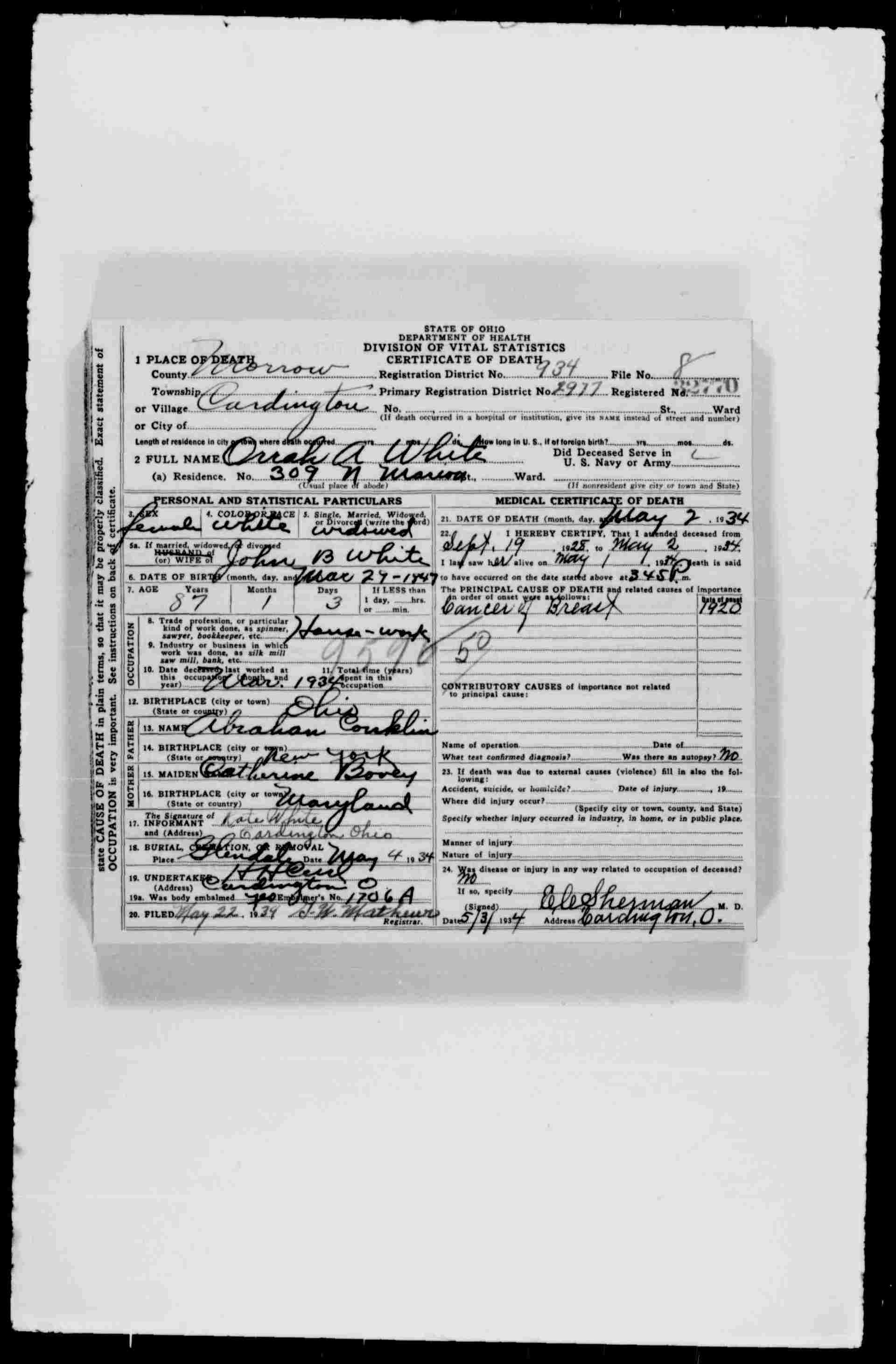 Orrah A White Death Certificate