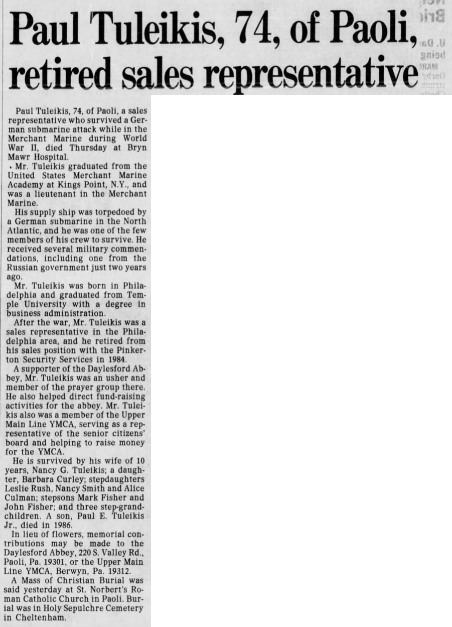 Paul Tuleikis Obituary, Philadelphia Inquirer, 29 Nov 1994