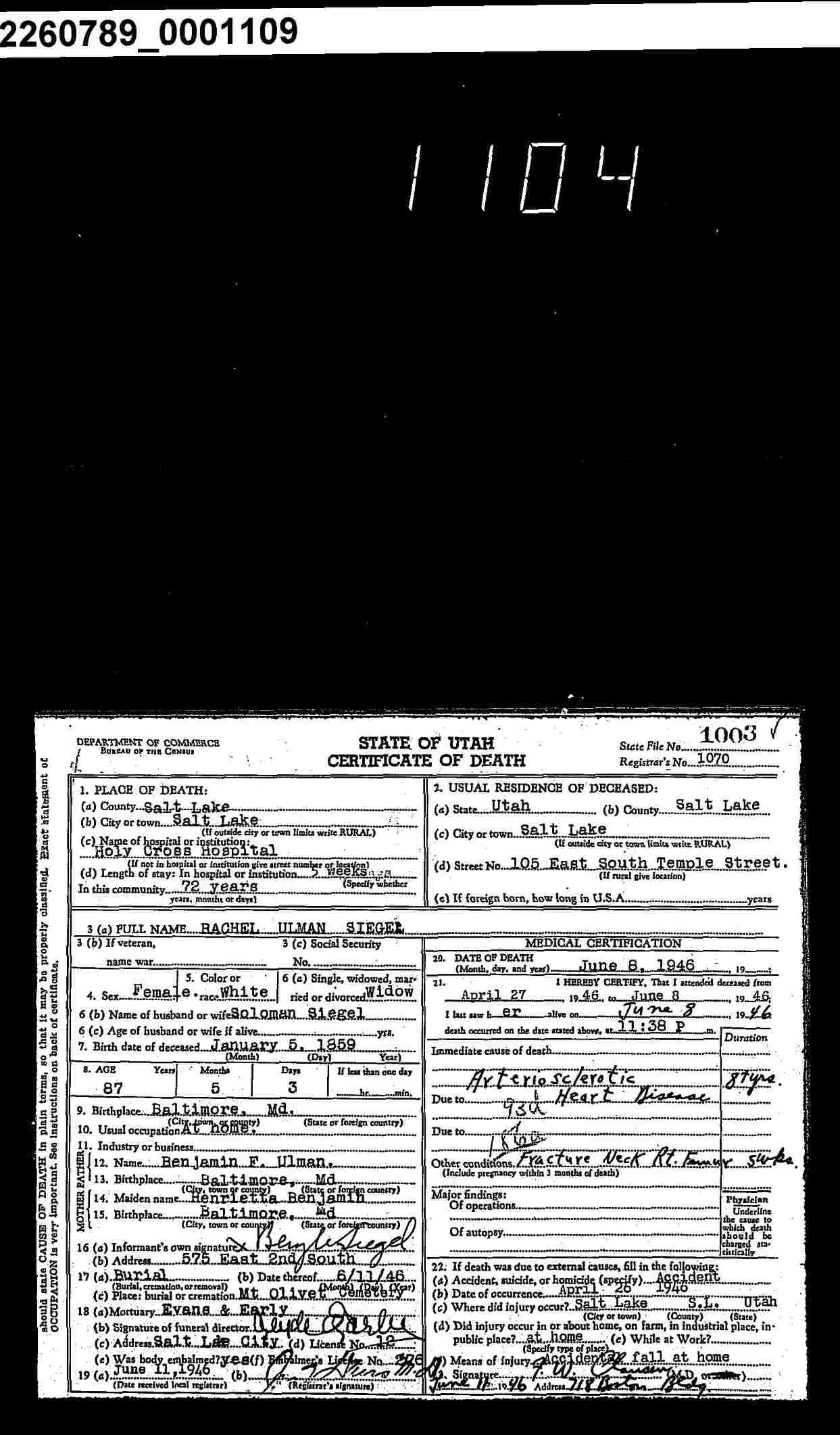 Rachel Siegel Death Certificate