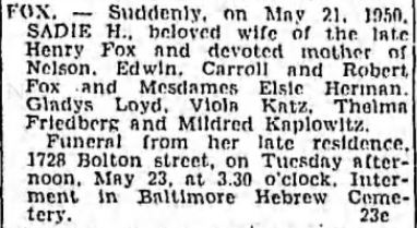 Sadie Fox Death Notice, Baltimore Sun, 23 May 1950