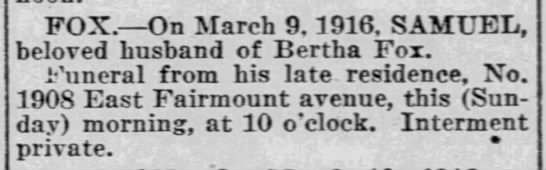 Obituary, Baltimore Sun, 12 Mar 1916