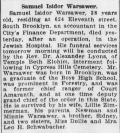 Obituary, Brooklyn Daily Eagle, 27 Jul 1915