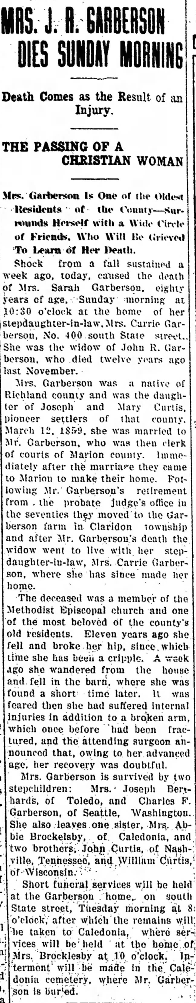 Obituary, Marion Star, 6 Dec 1909