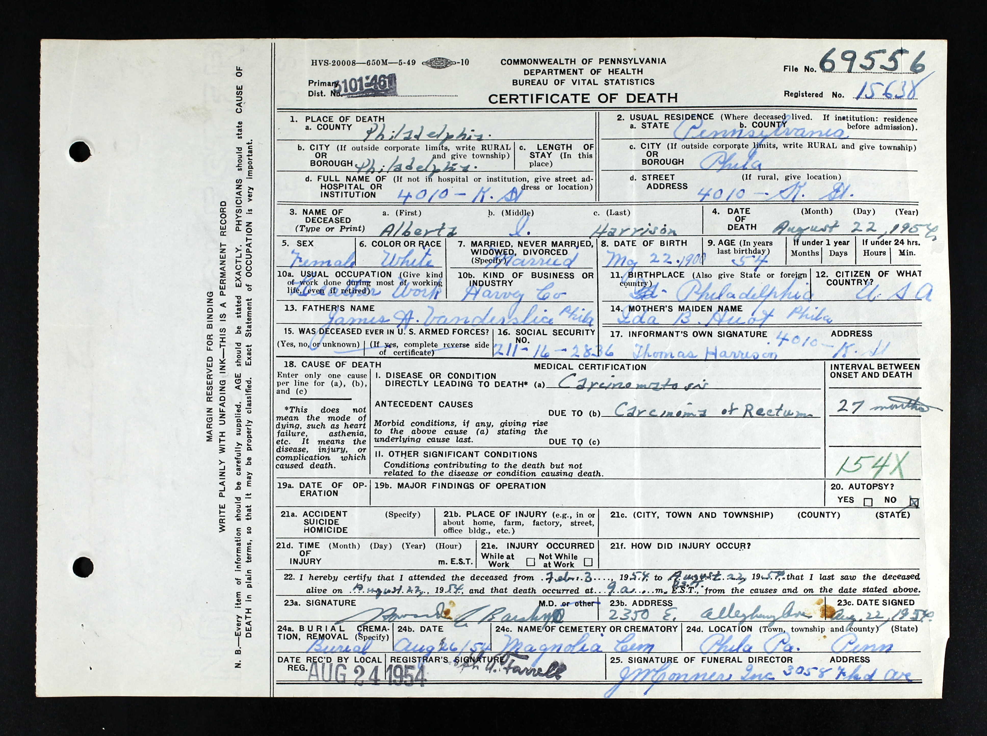 Death Certificate, 1954