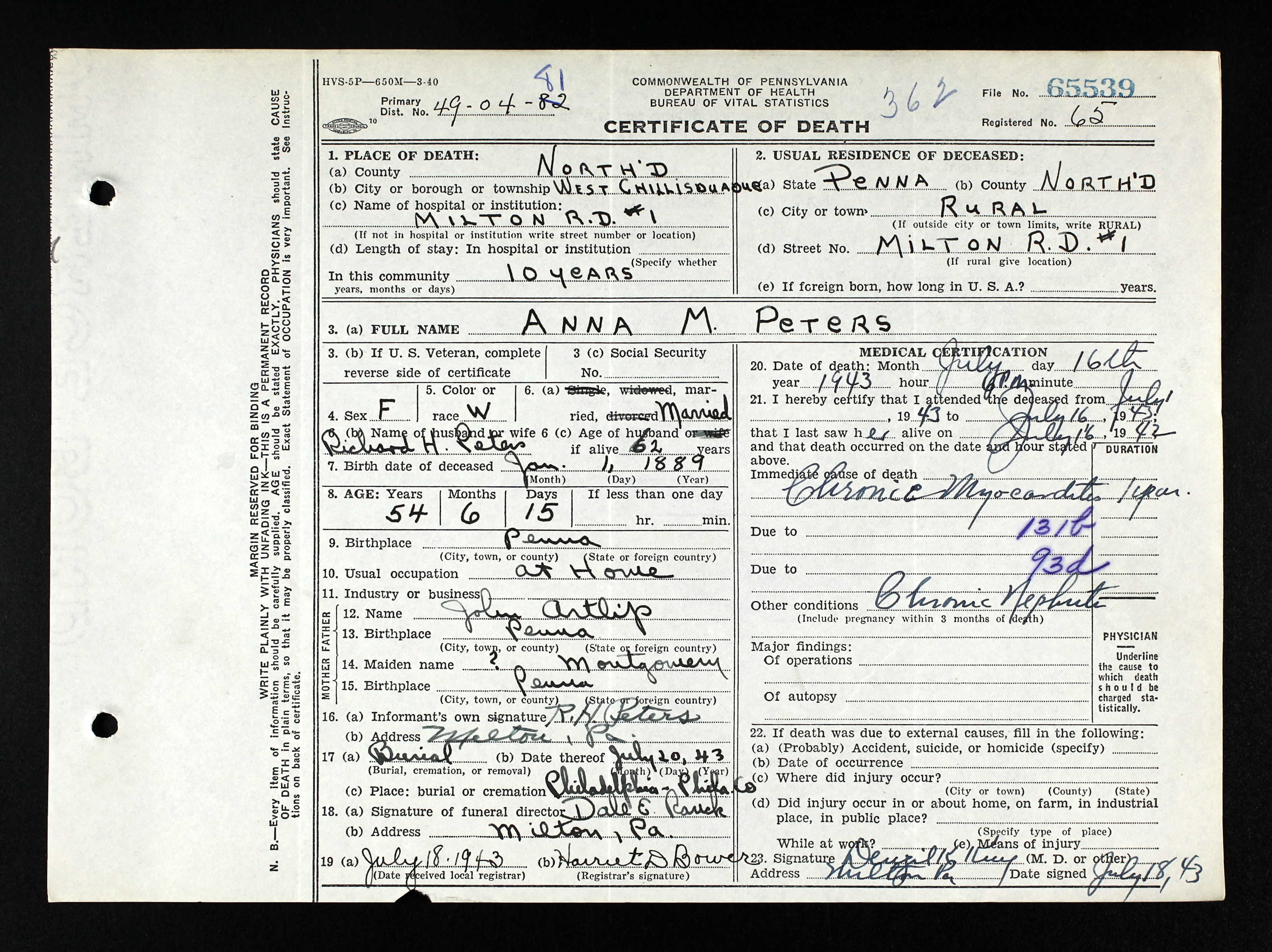 Death Certificate, Anna M. Peters, 1943