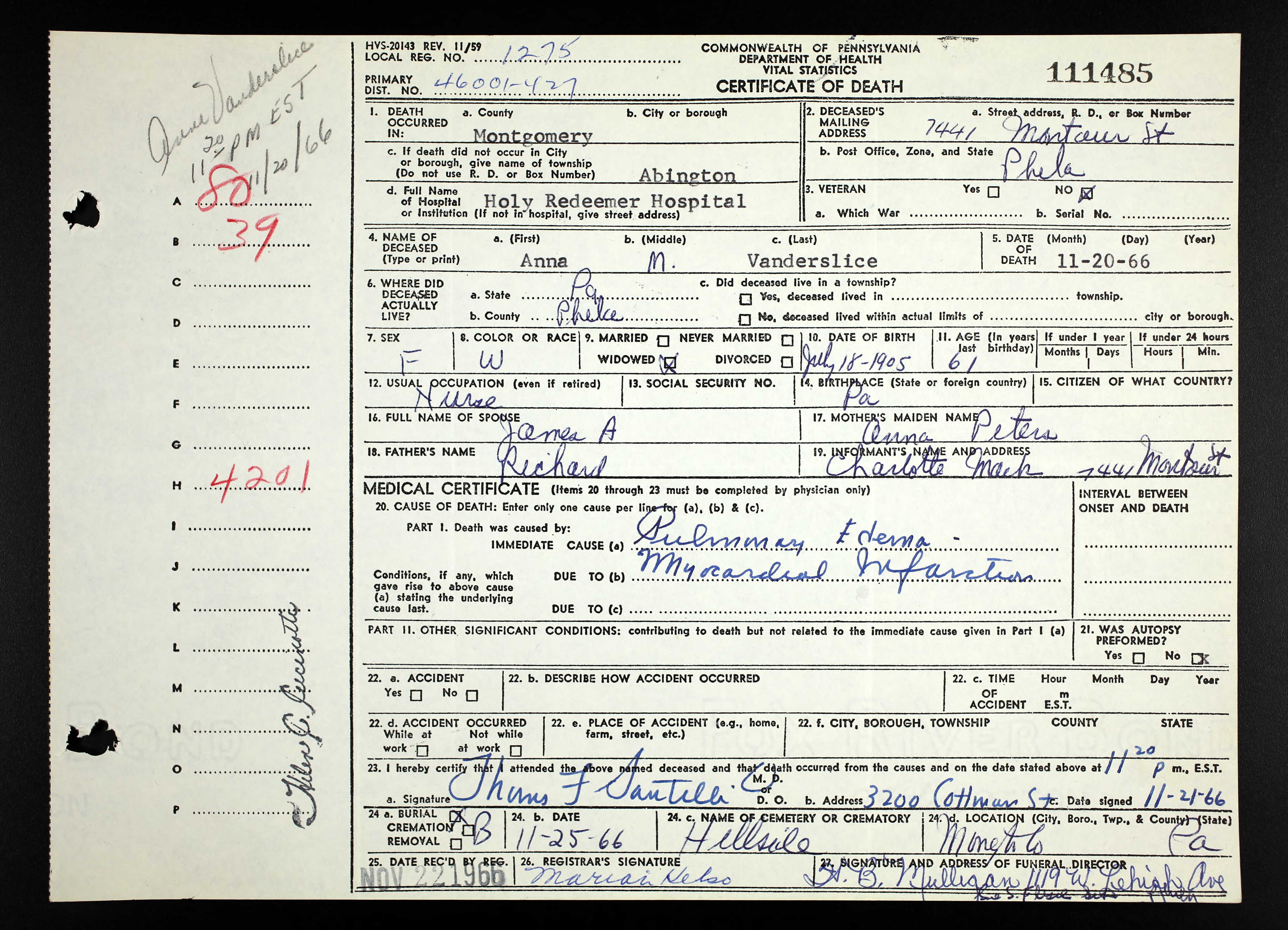 Death Certificate, 1966