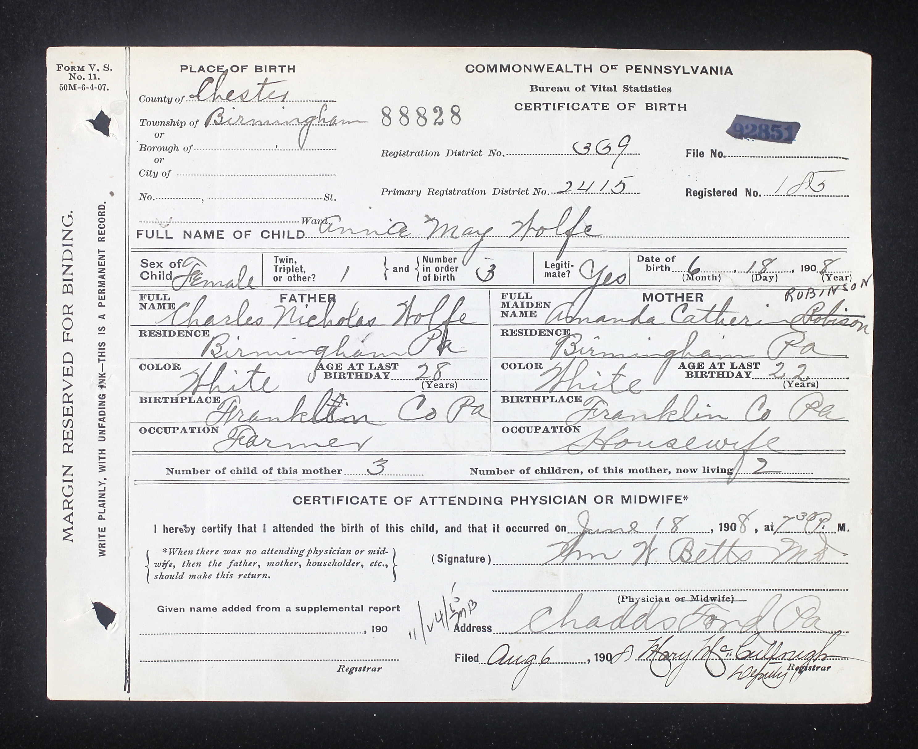 Birth Certificate, 1908