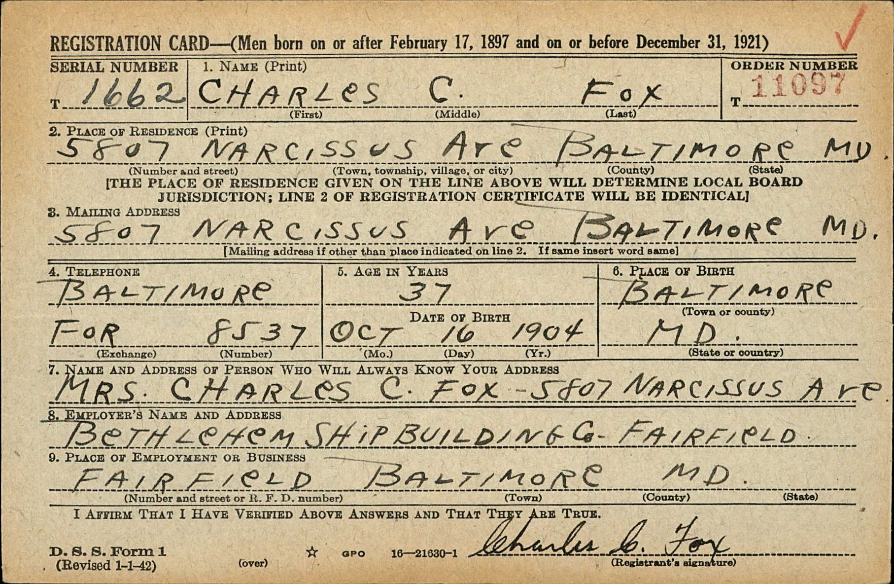 Draft Card, Charles C. Fox