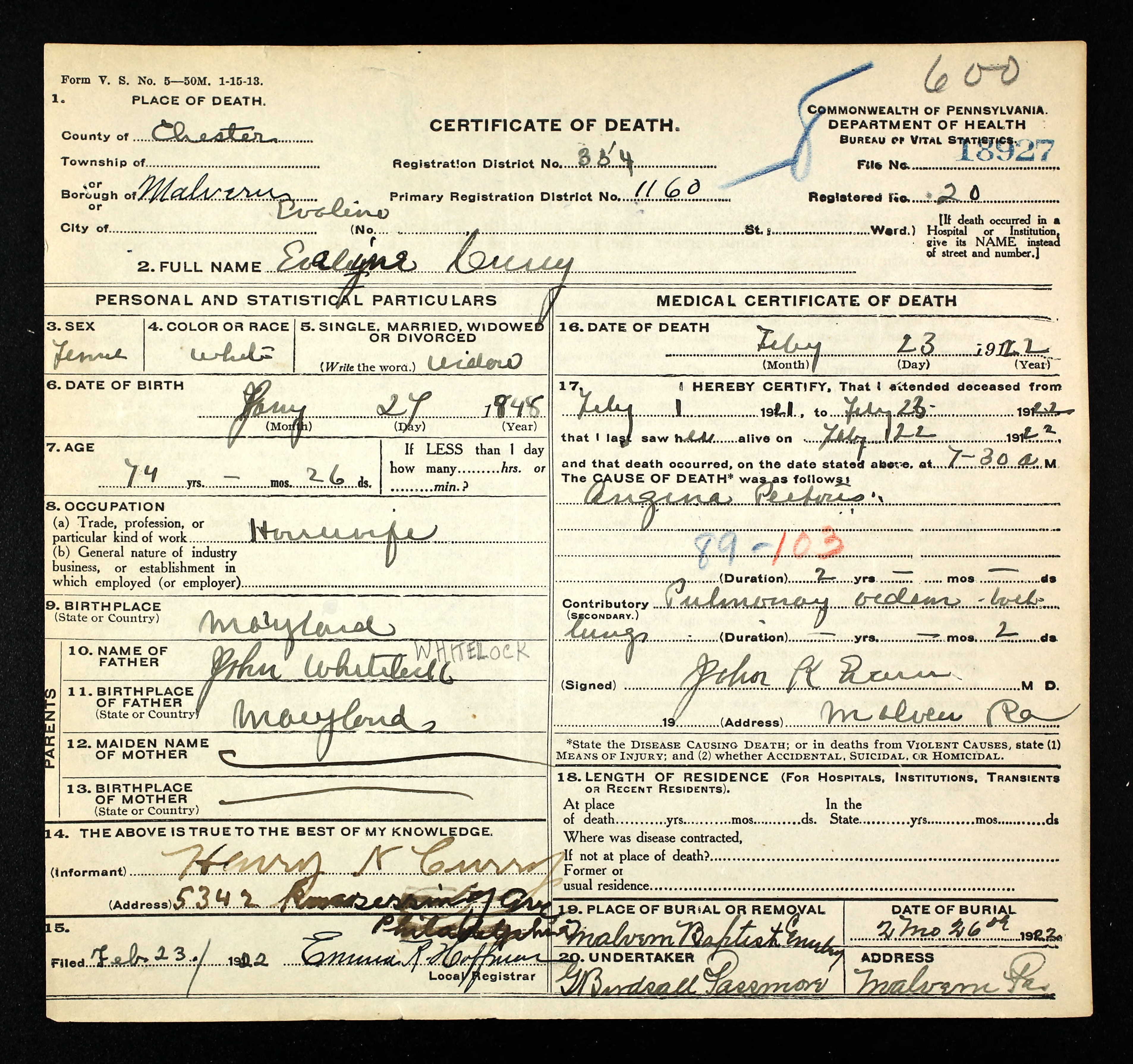 Death Certificate, 1922