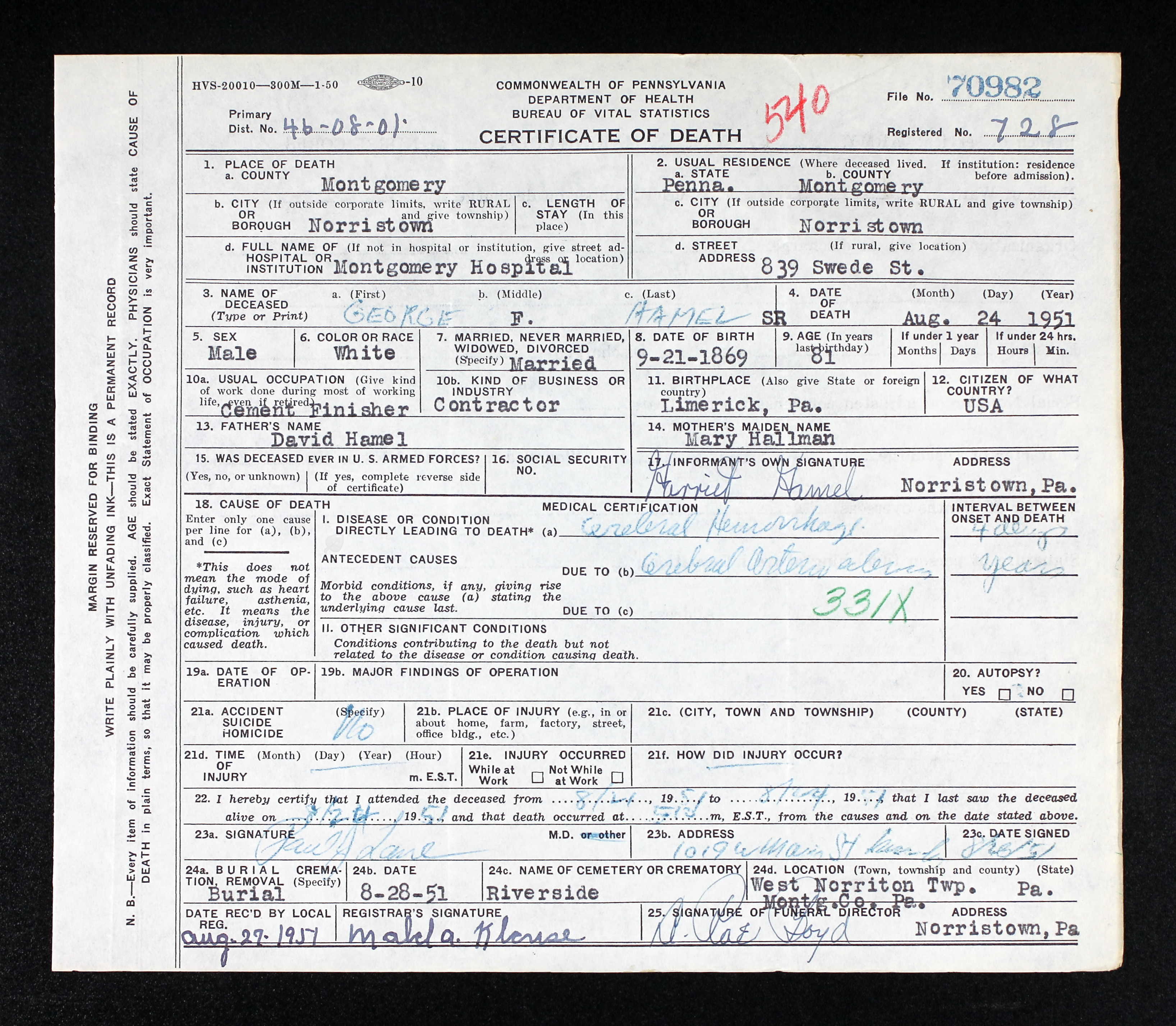 Death Certificate, 1951