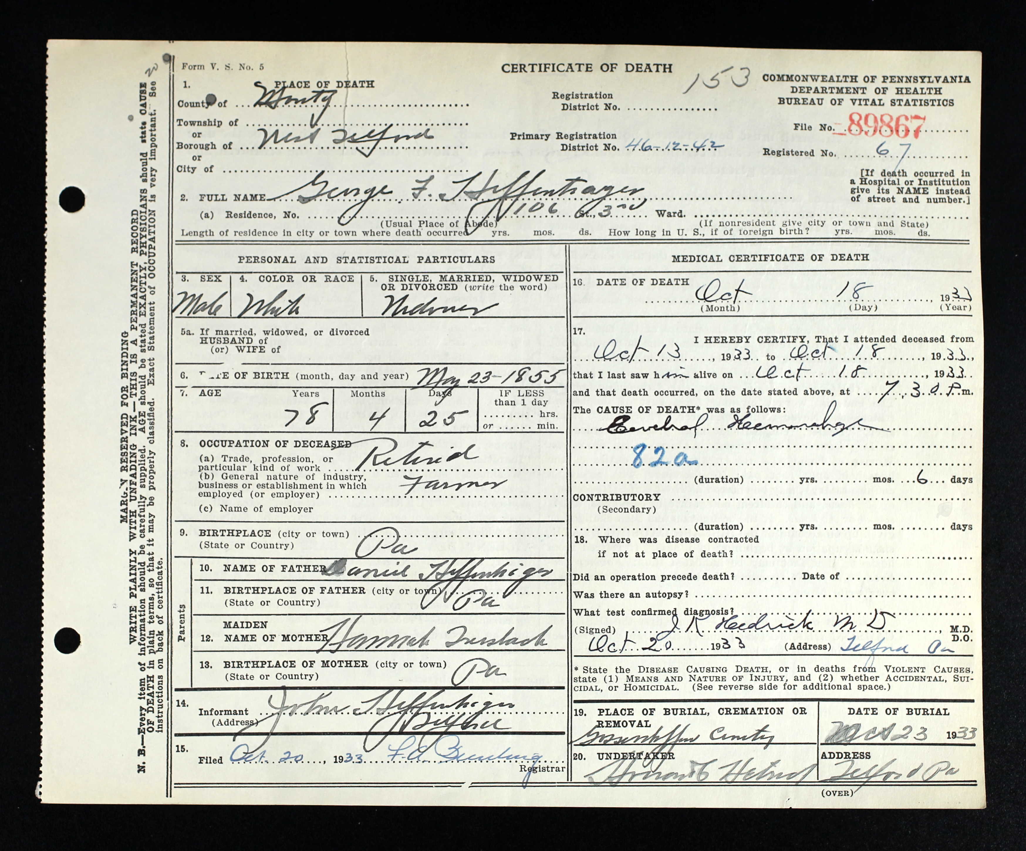 Death Certificate, 1933