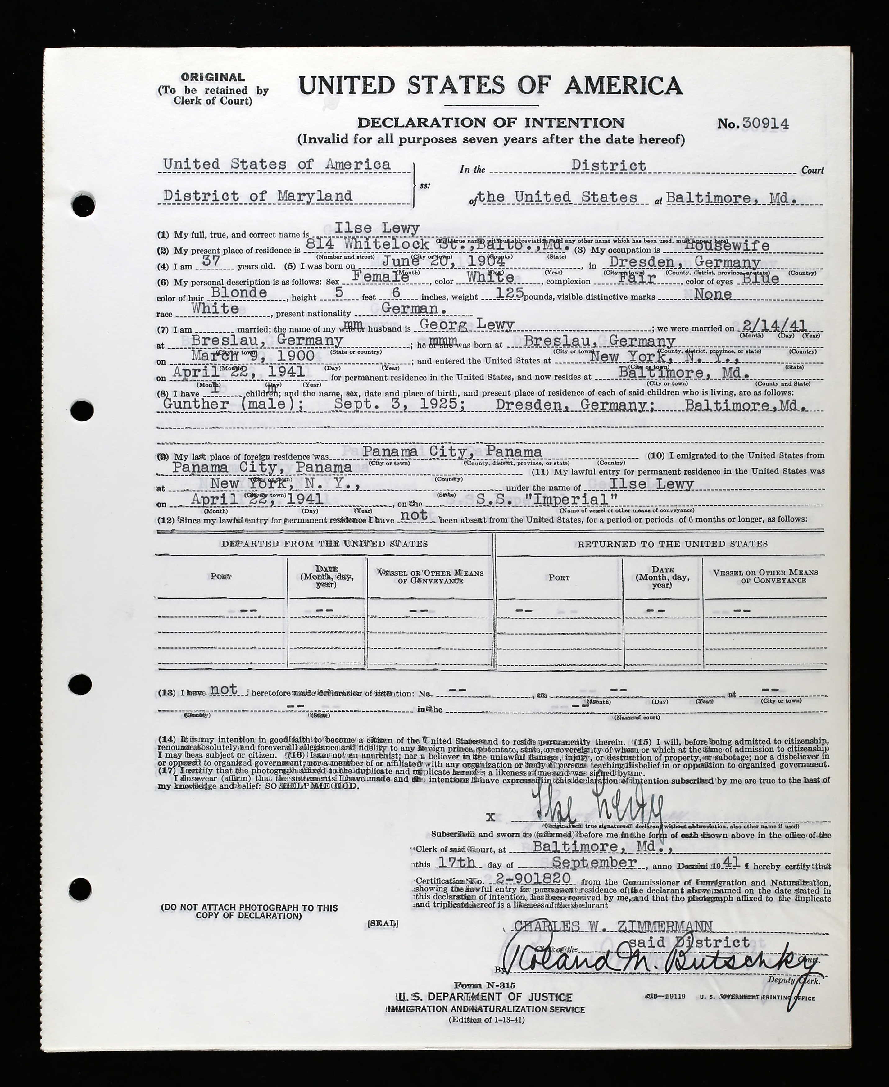 Ilsa Lewy, Delaration of Intention,