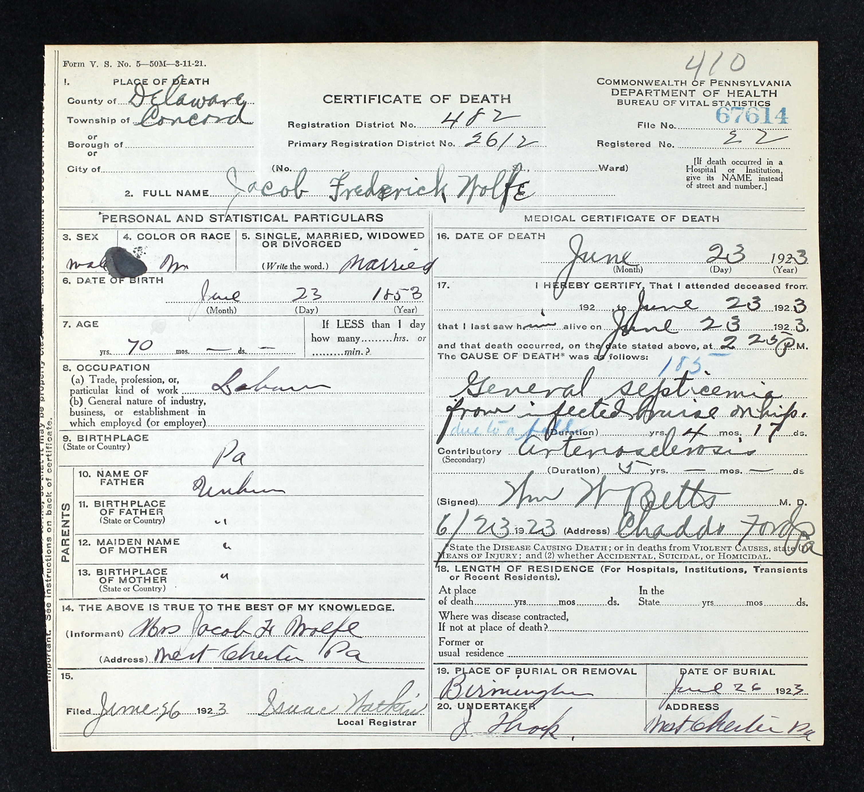 Death Certificate, 1923