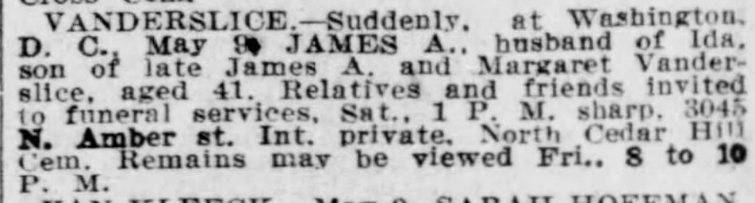 Obituary, Philadelphia Inquirer, 11 May 1917