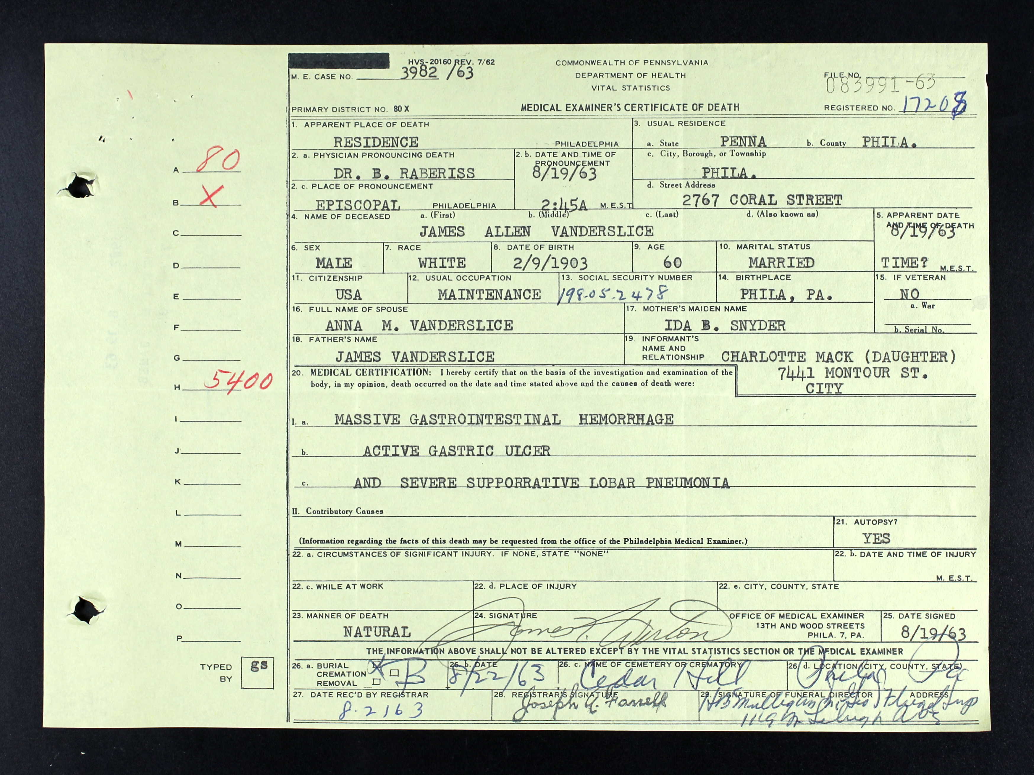 Death Certificate, 1963