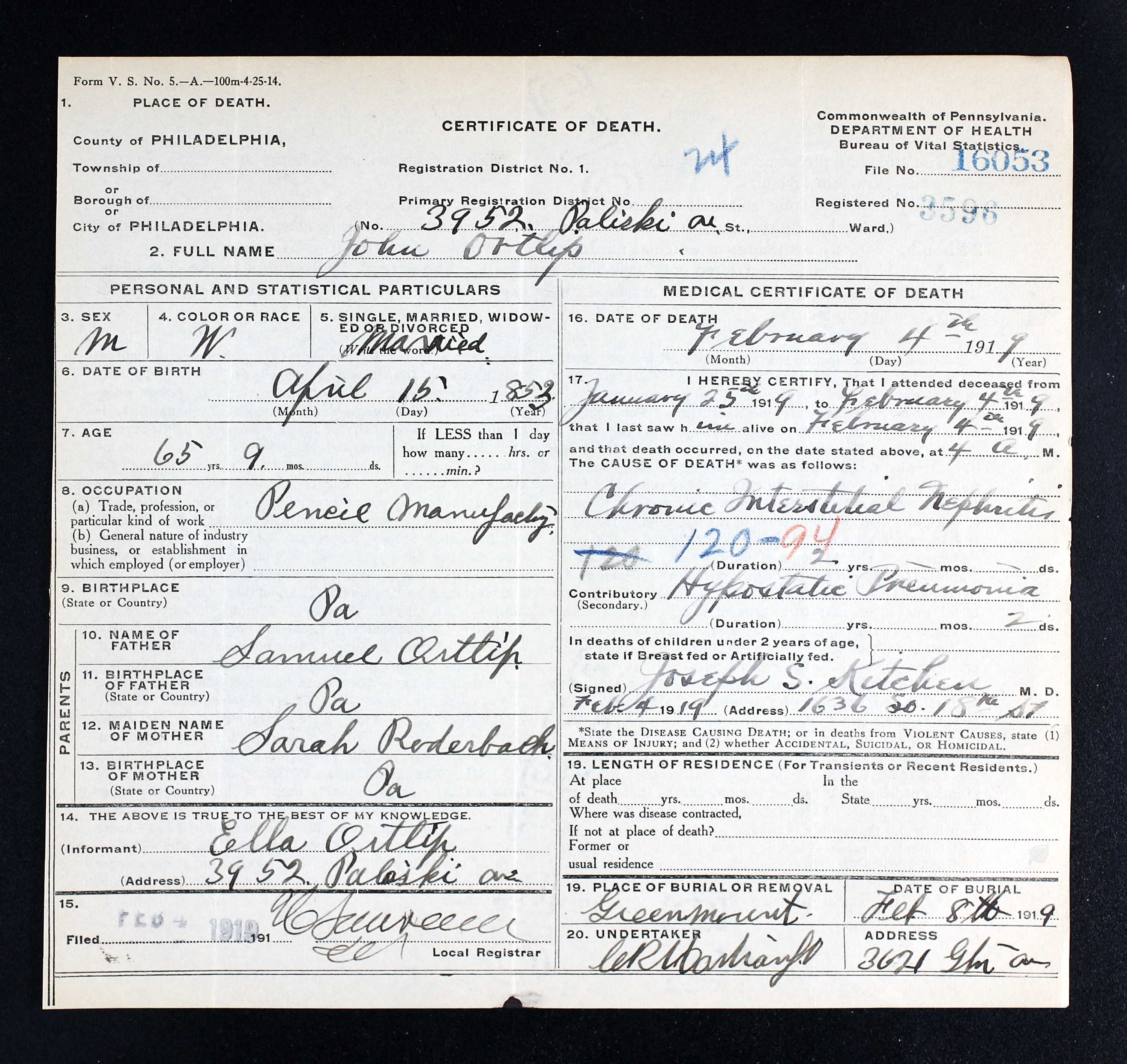 Death Certificate, John Ortlip 1919