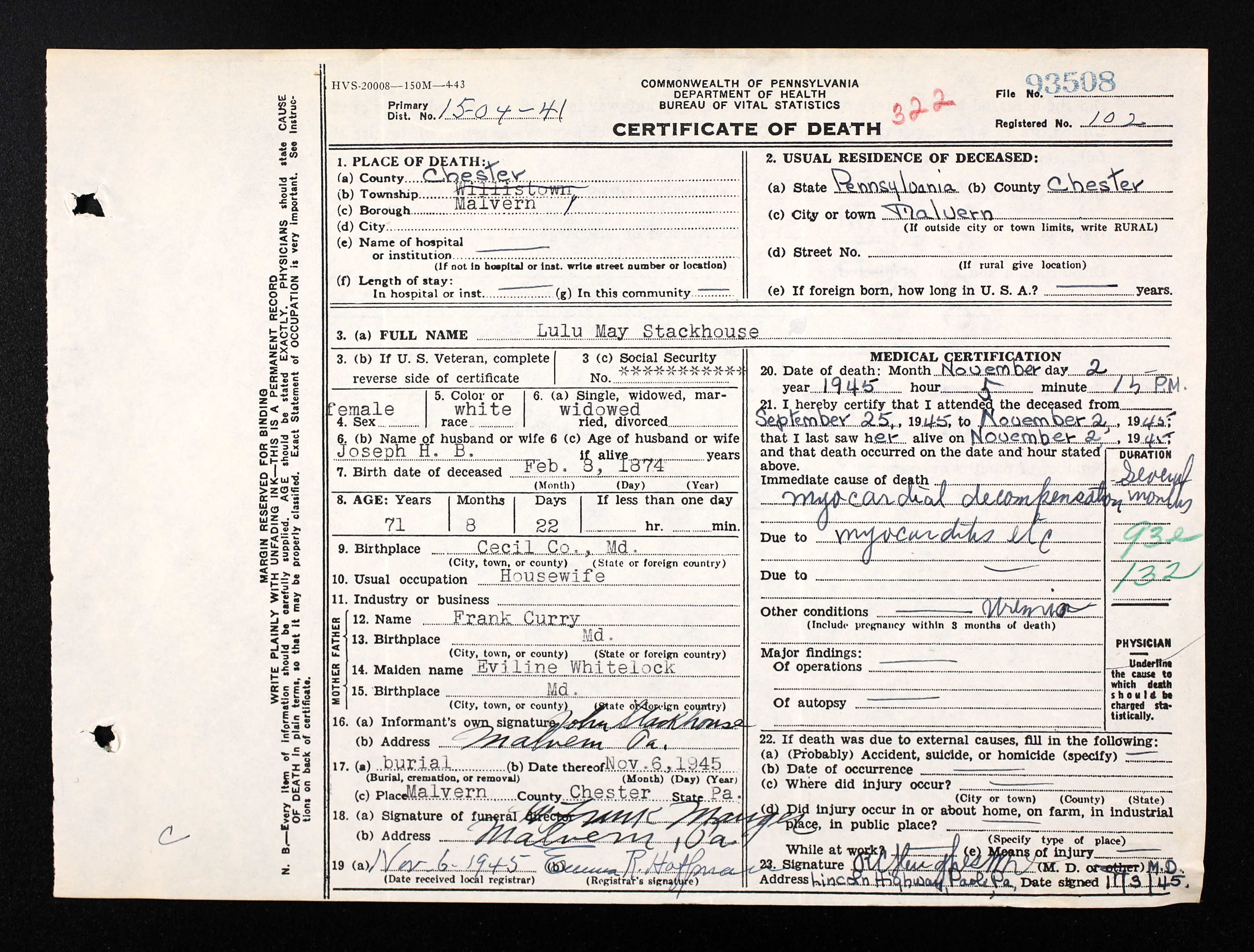 Death Certificate, 1945