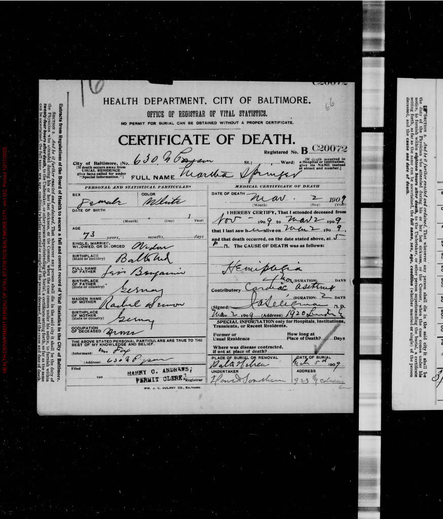 Martha Springer Death Certificate, 1909