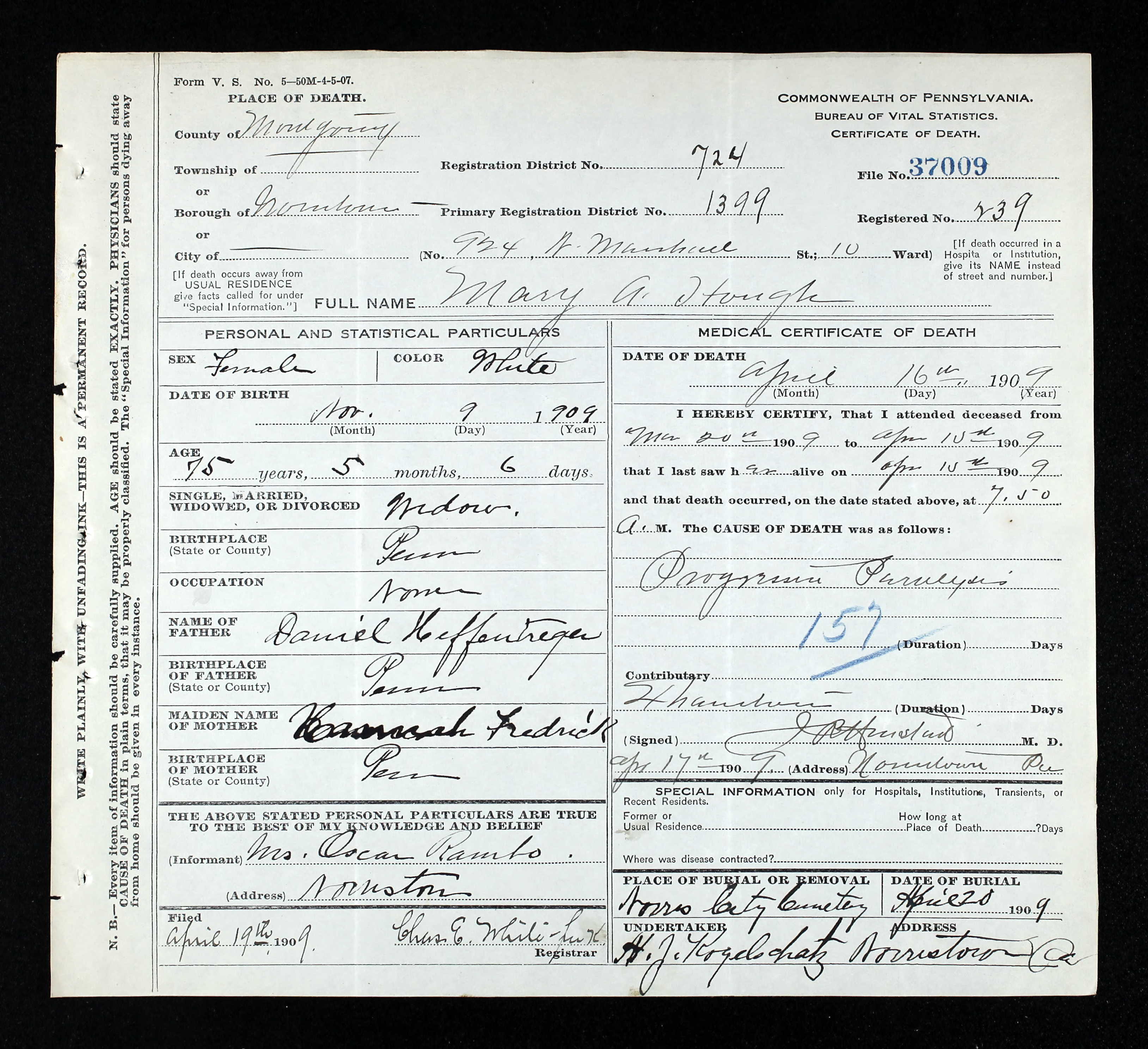 Death Certificate, 1909