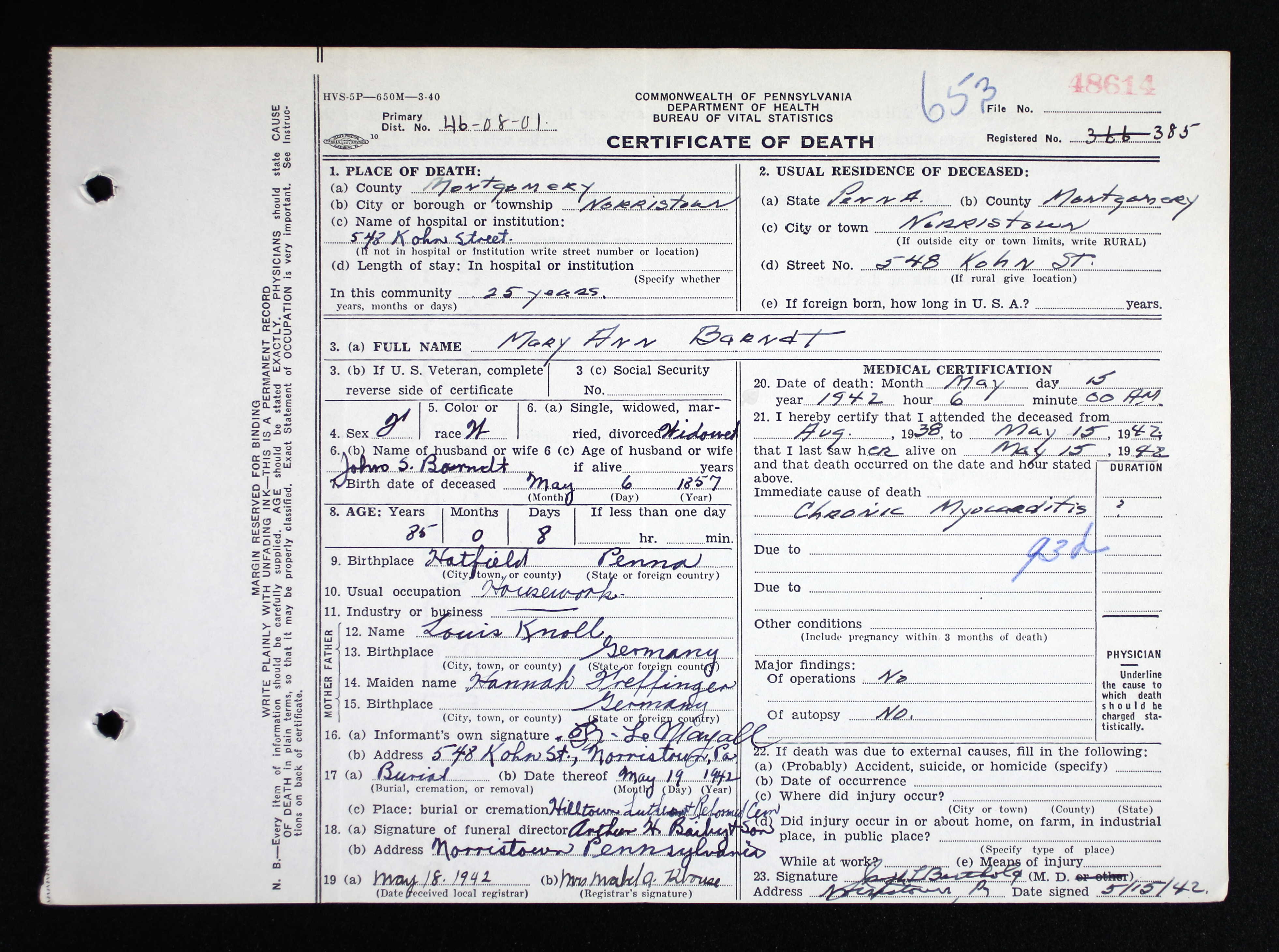 Death Certificate, 1942