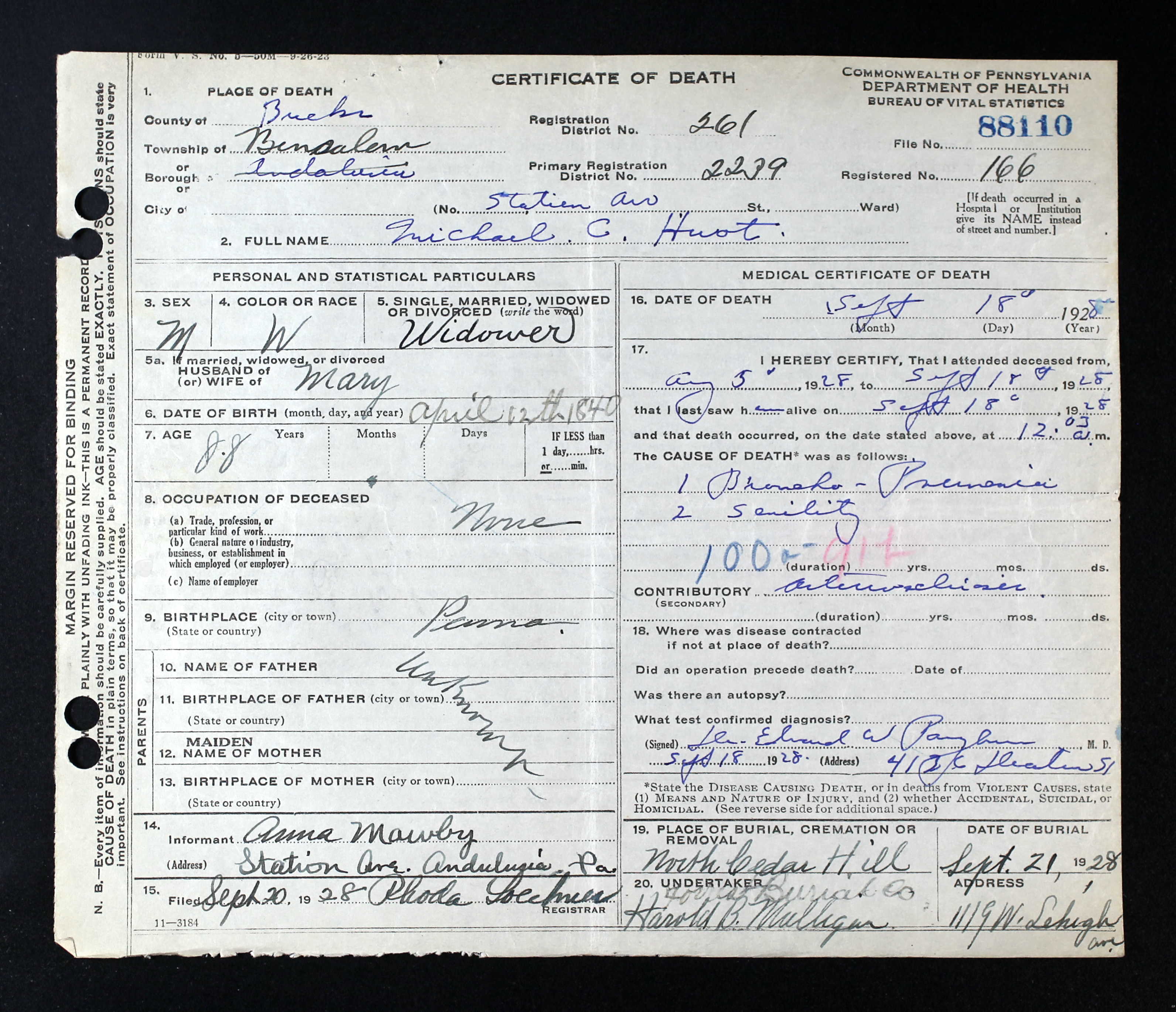 Death Certificate, 1928