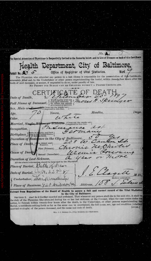 Moses Springer Death Certificate, 1897