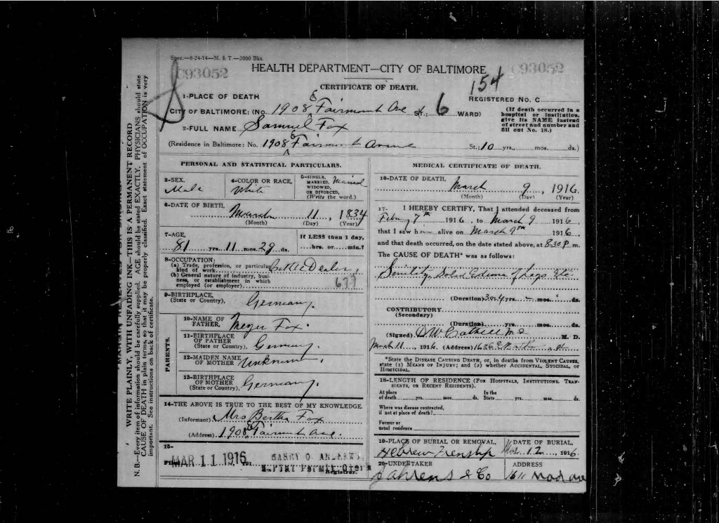 Samuel Fox Death Certificate, 1916