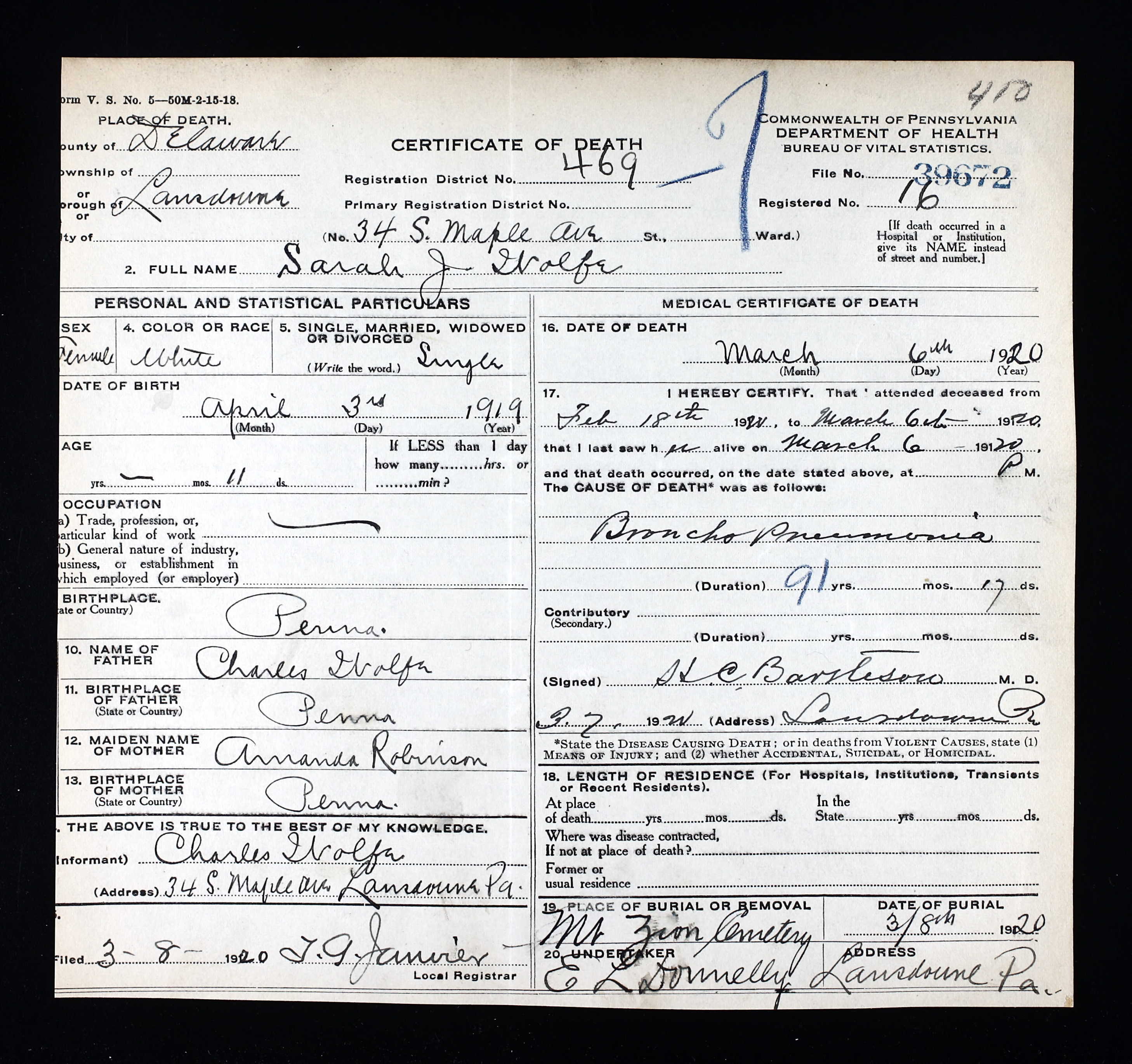 Death Certificate, 1920