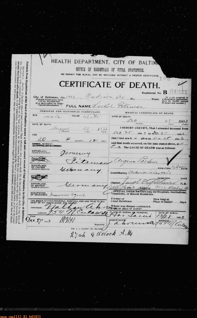 Seckel Fiteman Death Certificate, 1903