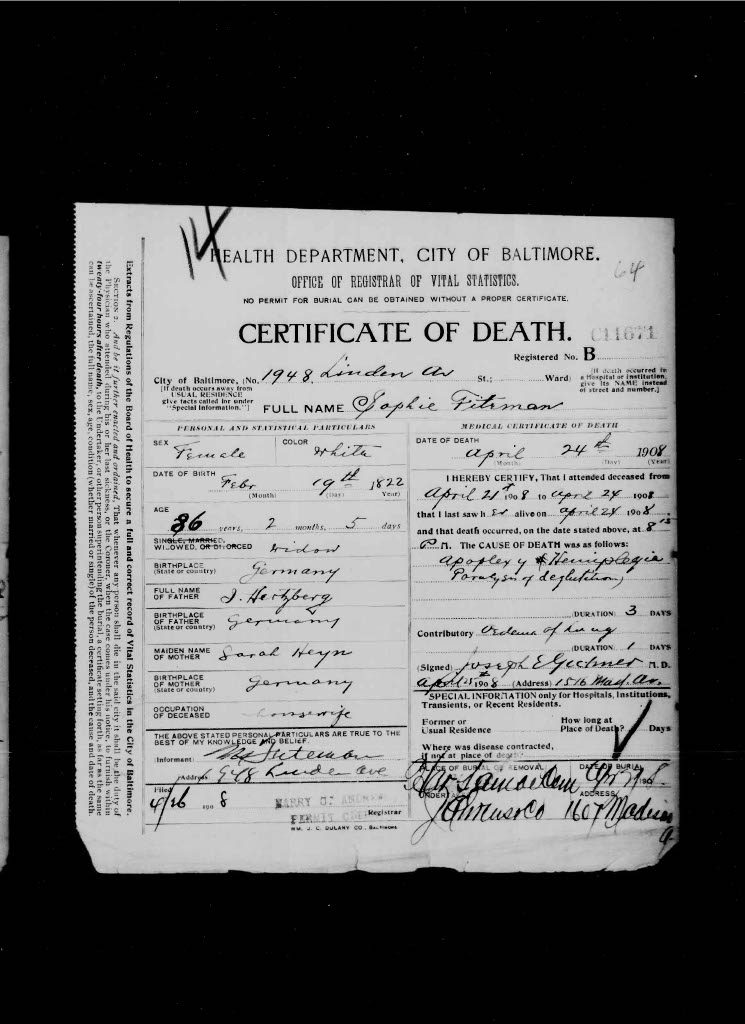 Sophie Fiteman Death Certificate, 1908