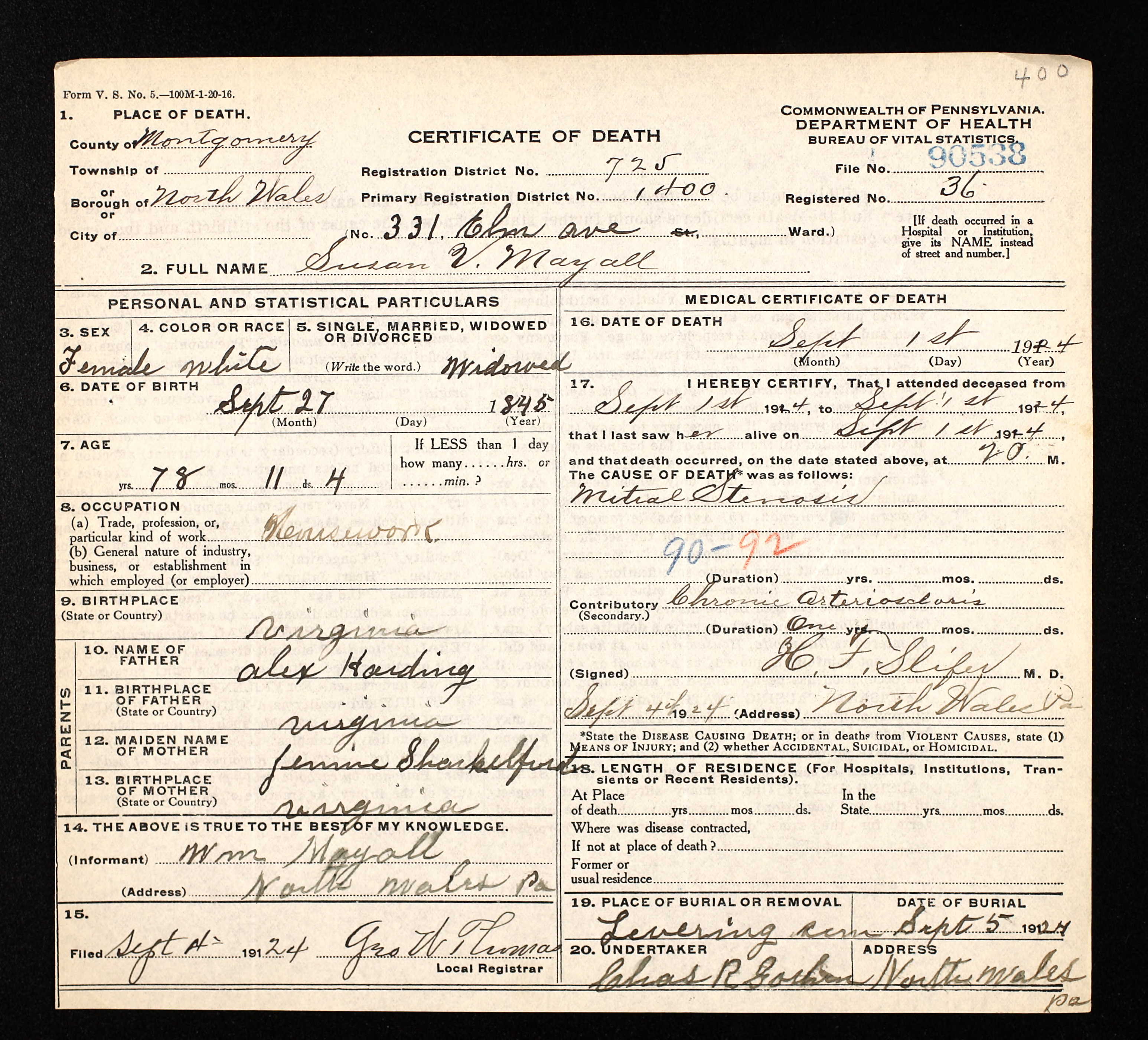 Death Certificate, 1924